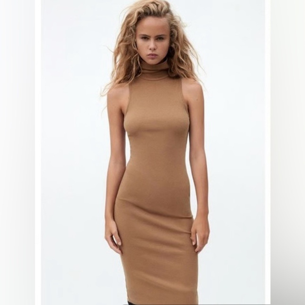 Zara brown ribbed high collar sleeveless dress M